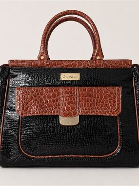 Samantha Brown Croc-Embossed Black Weekender Bag with Brown Trim